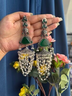 Veena Brass Unique Long Earrings – Green