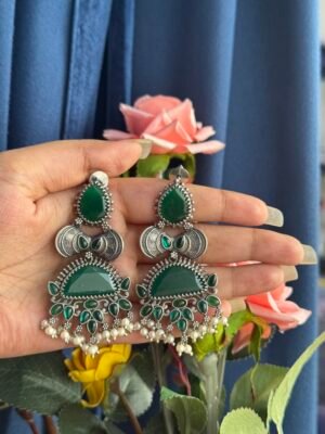 Mona Stone Brass Earrings – Dark Green