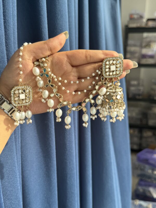 Heera Mirror Earrings with Mangtika and Kaan Chain - White