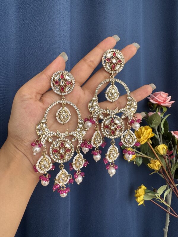 Sonakshi Premium Chandbali Earrings - Dark Pink