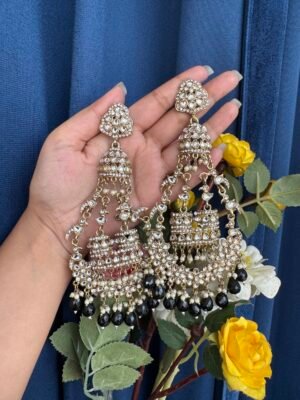 Long Sanchita Kundan Earrings – Black