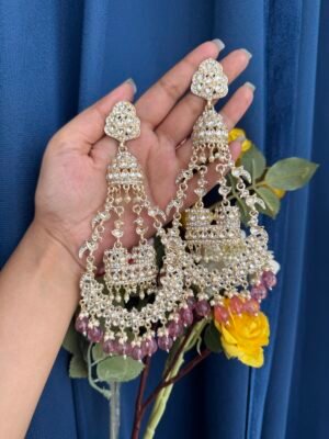 Long Sanchita Kundan Earrings – Onion Pink (Golden Polish)