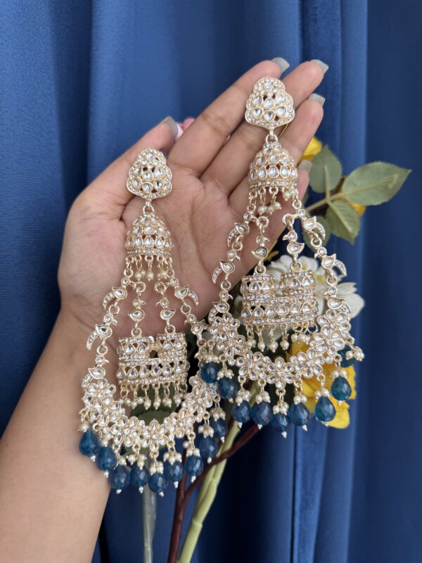 Long Sanchita Kundan Earrings - Dark Blue (Golden Polish)