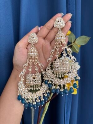 Long Sanchita Kundan Earrings – Dark Blue (Golden Polish)