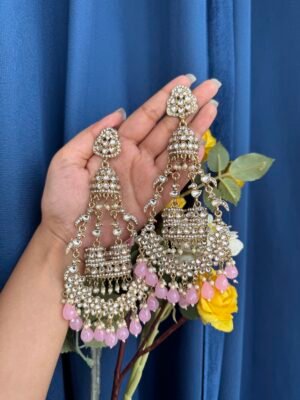 Long Sanchita Kundan Earrings – Light Pink