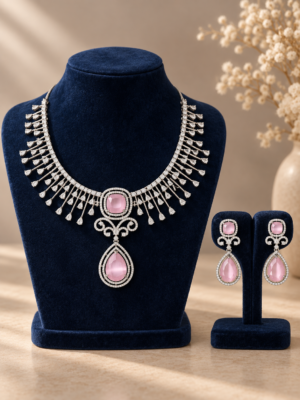 Evelyn light pink American Diamond fringe necklace set with teardrop pendant and matching earrings
