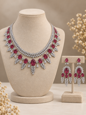 Kareena ruby red American Diamond necklace set with coordinating earrings