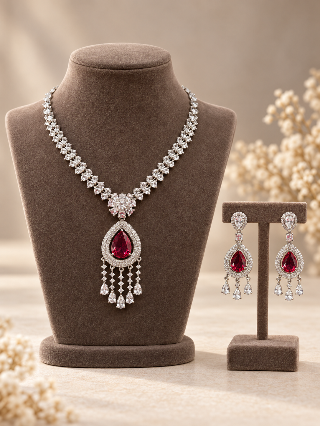Surbhi ruby red American Diamond necklace set with teardrop pendant and matching earrings
