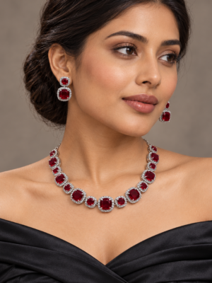 Lisa red American Diamond necklace set with cushion-shaped stones, clear halo borders and matching drop earrings on a cream bust