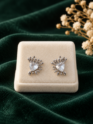 Silver-toned stone stud earrings with faceted clear centres and radiating teardrop-shaped metal details