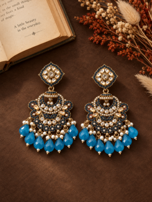Pair of Chitranshi teal blue Kundan earrings by Jewel Hub Studio