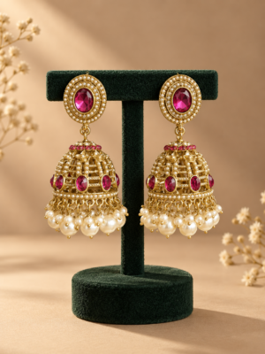 Pair of Kaashvi wine jhumka earrings by Jewel Hub Studio