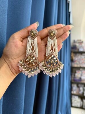 Vrinda Kundan Pearl Earrings – Light Pink