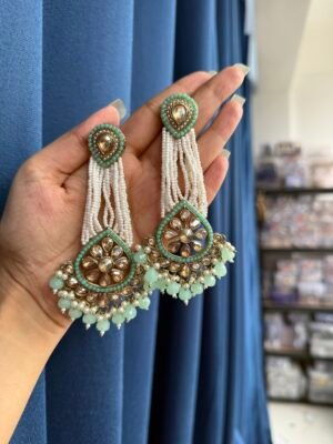 Vrinda Kundan Pearl Earrings – Light Green