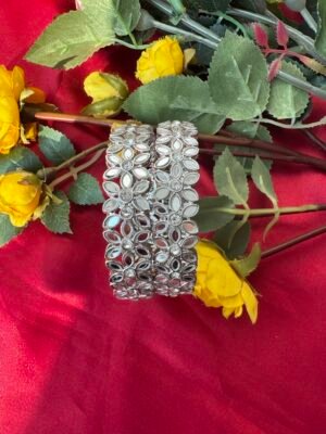 Silver Kundan Mirror Kada – Set of 2