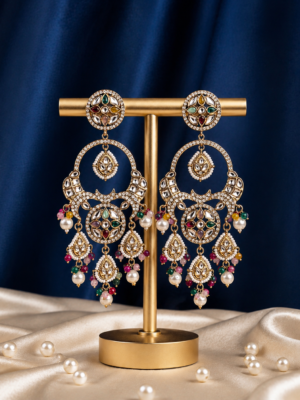 Sonakshi multicolour Kundan chandbali earrings with pearl drops and hanging motifs