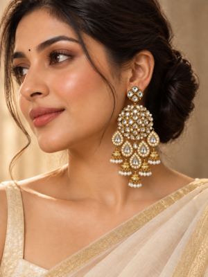 Sajni White Long Kundan Jhumka Earrings on a model