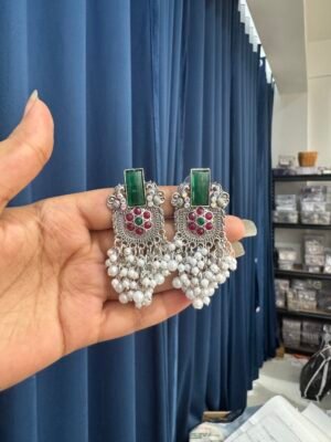 Stone Oxidised Earrings – Silver