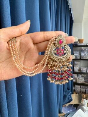 Crystal Indian Sahara Earrings With Kaan Chain – Dark Pink