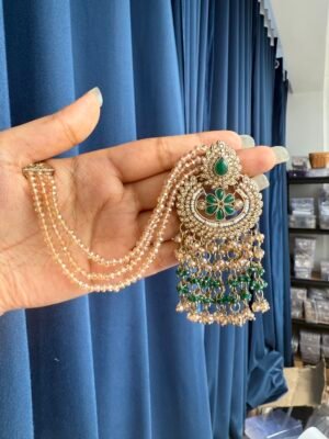 Supriya Crystal Earrings With Kaan Chain – Dark Green