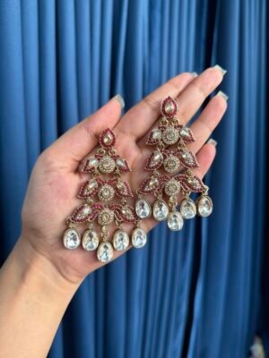 Gulzar Kundan Drops – Dark Pink