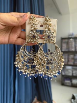 Meher Kundan Earrings With Kaan Chain – Dark Blue