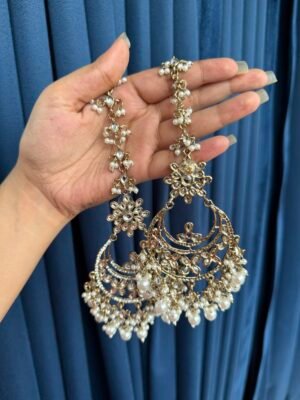 Meher Kundan Earrings With Kaan Chain – White