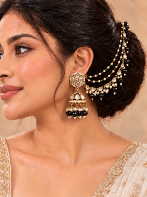Sitara black jhumka earrings with attached kaan chains
