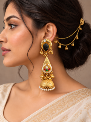 Ahsas black Kashmiri brass jhumka earrings with layered Kaan chains