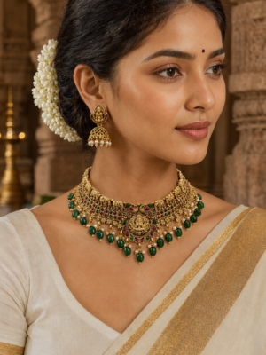 Pavini Lakshmi temple choker set with green beads and jhumka earrings