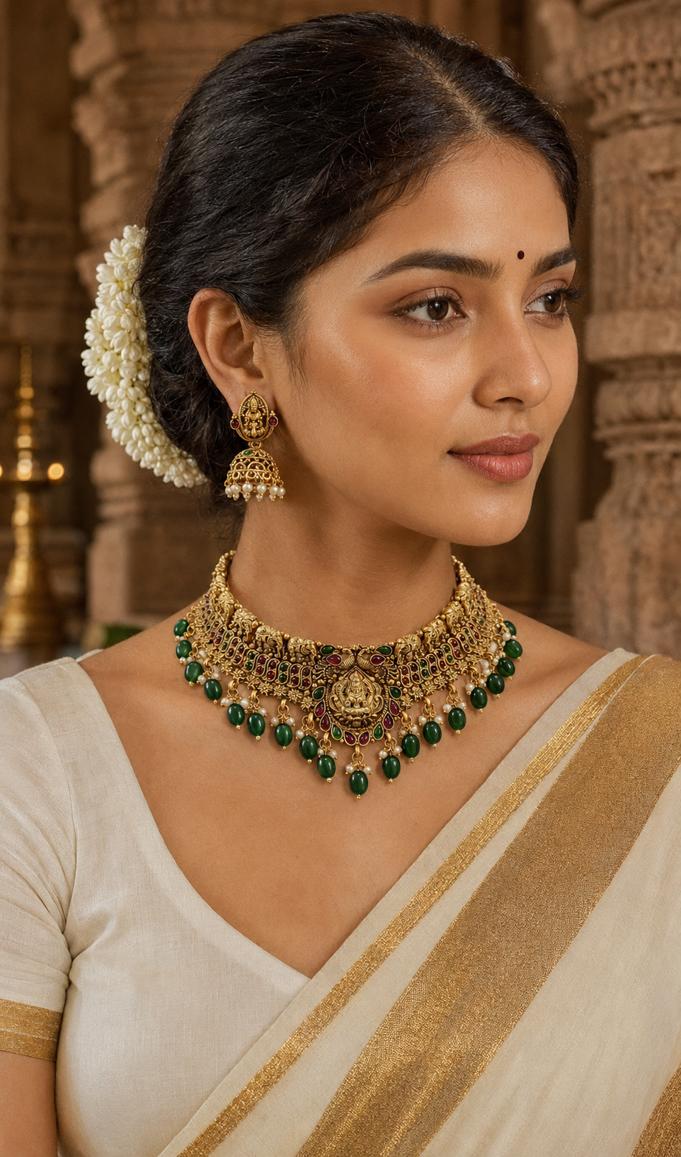 Pavini Lakshmi temple choker set with green beads and jhumka earrings