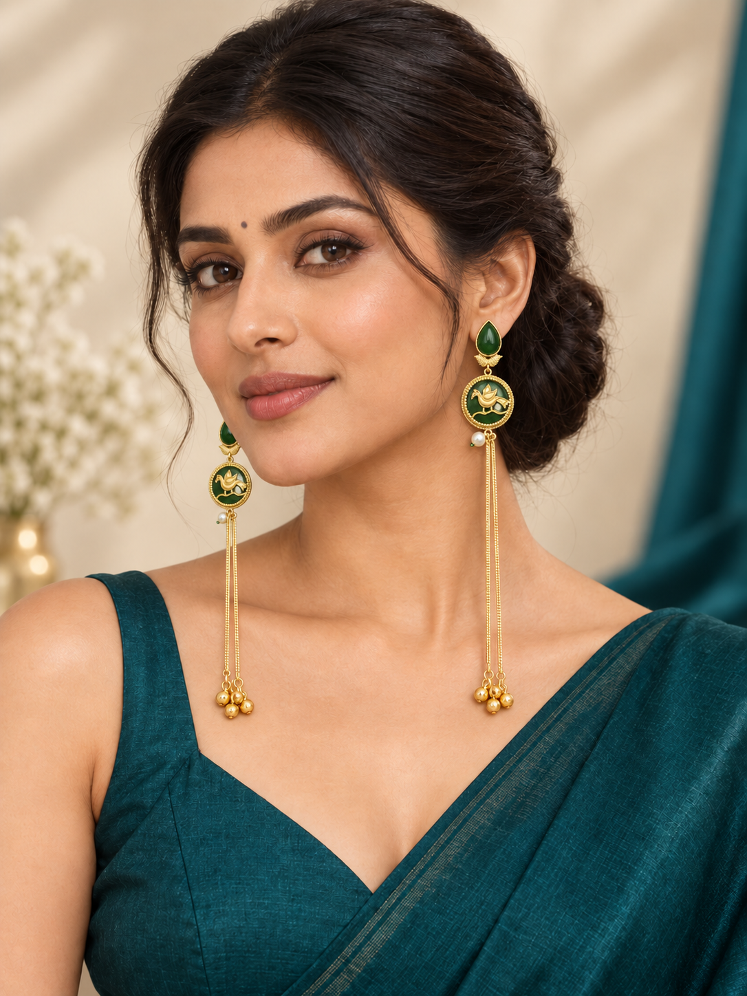 Barkha Dark Green Kashmiri Ghungroo Earrings with bird motif and long golden chains