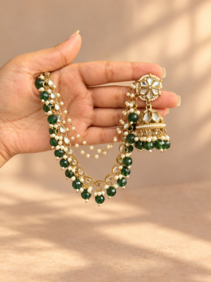 Sitara dark green jhumka earrings with attached kaan chains