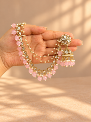 Sitara light pink jhumka earrings with attached kaan chains