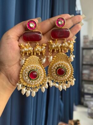 Jeeva Kashmiri Chandbali Earrings – Dark Pink