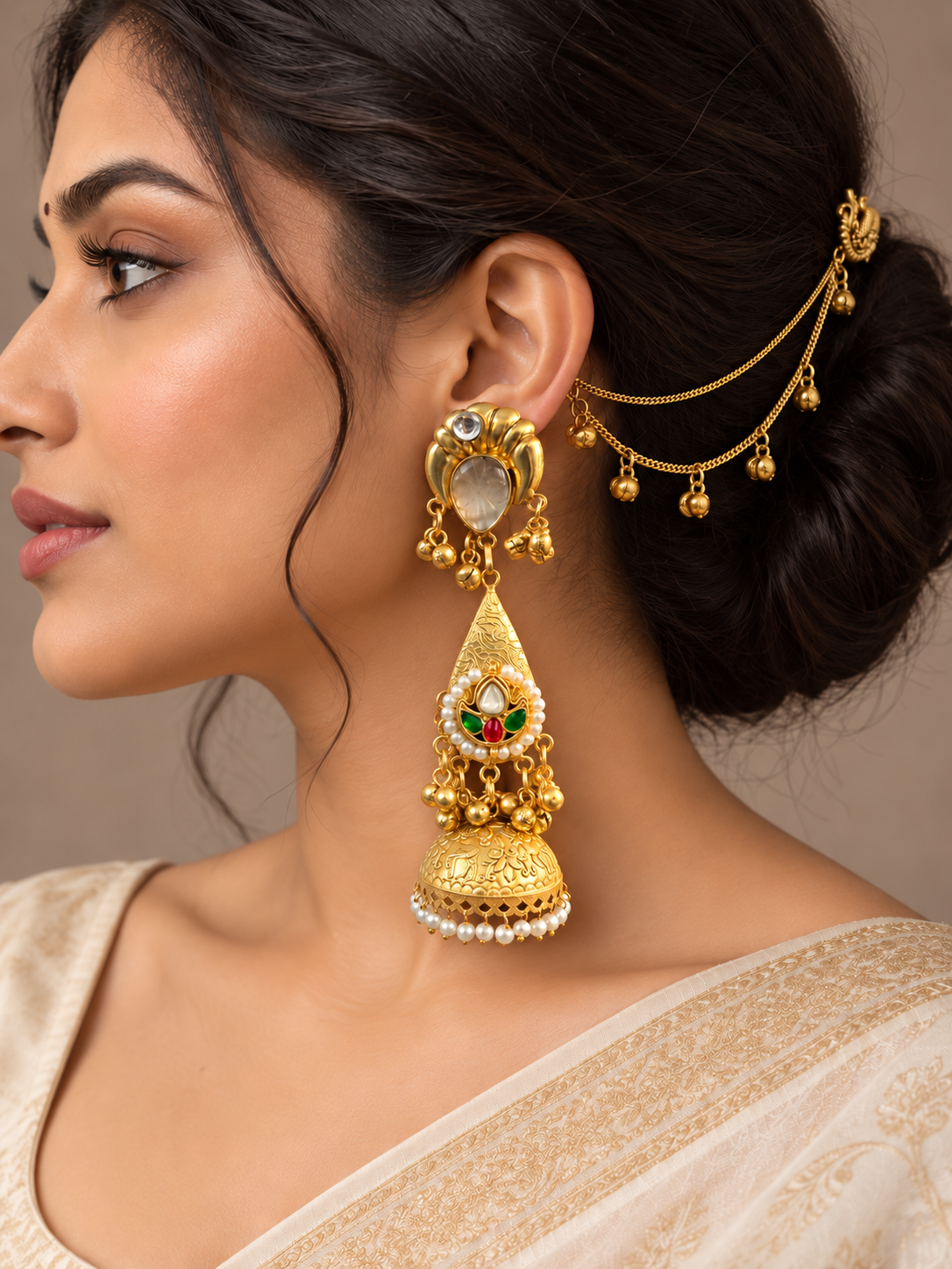 Ahsas white Kashmiri brass jhumka earrings with layered Kaan chains