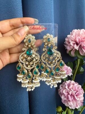 Ashifa Premium Kundan Earrings – Dark Green