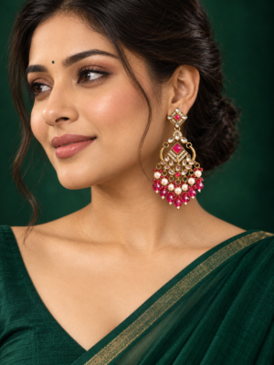 Dark pink Kundan statement earrings for women
