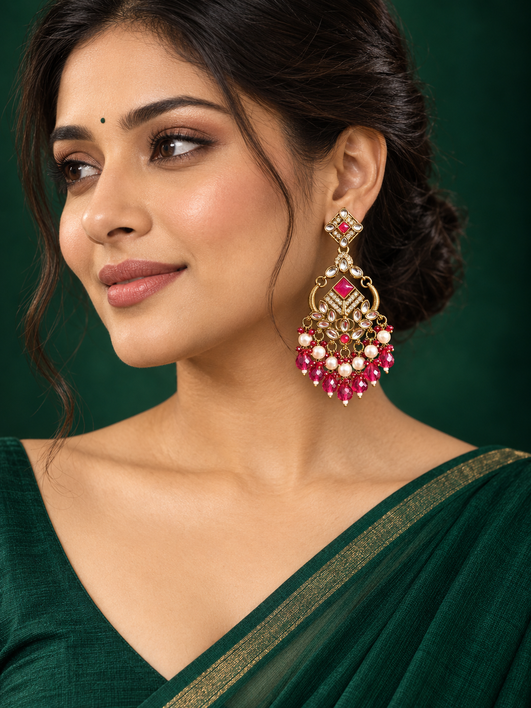 Dark pink Kundan statement earrings for women