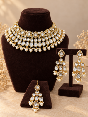 Asmita white Kundan choker jewellery set with earrings and maang tikka