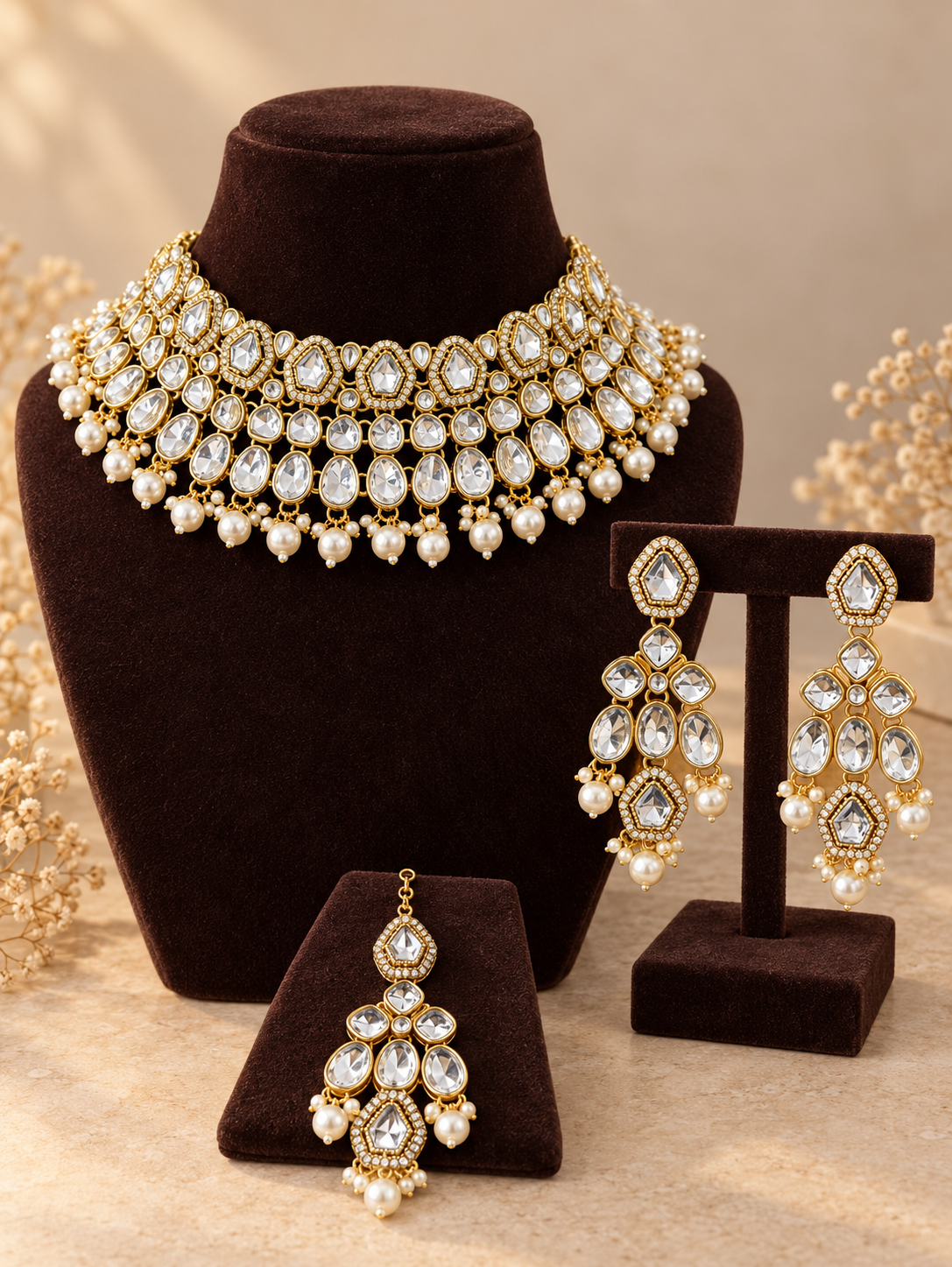 Asmita white Kundan choker jewellery set with earrings and maang tikka