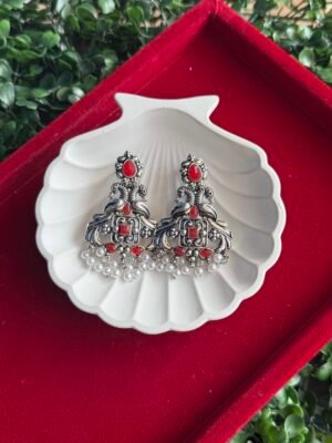 Dual Peacock Stone Pearl Earrings – Red
