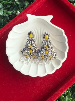 Dual Peacock Stone Pearl Earrings – Yellow