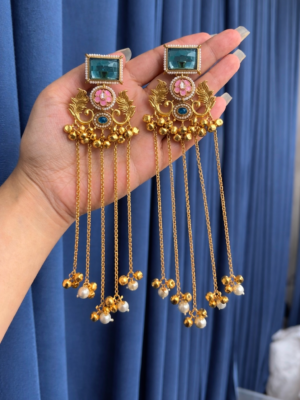 Suhani Long Kashmiri Earrings –  Green Light Pink