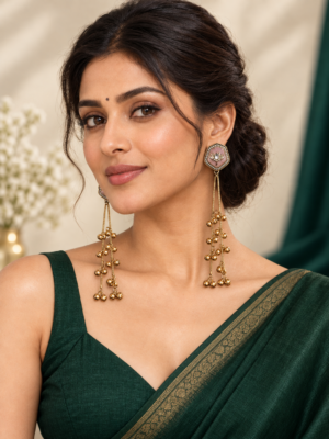 Meera Pink Kashmiri Long Earrings with lotus studs and golden ghungroo chains