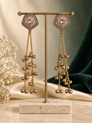 Pink Kashmiri long earrings with cascading golden chains