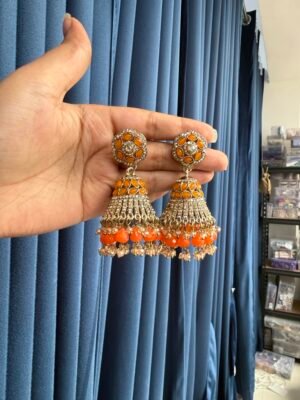 Mukti Premium Kundan Jhumka – Orange