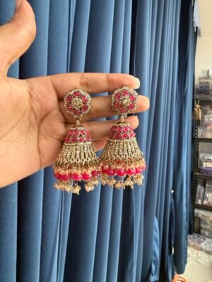 Mukti Premium Kundan Jhumka – Dark Pink