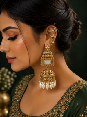 Maheen White Jhumka with Kaan Chain for Women
