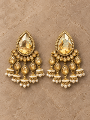 Kamya golden stone jhumka earrings with cascading teardrop drops